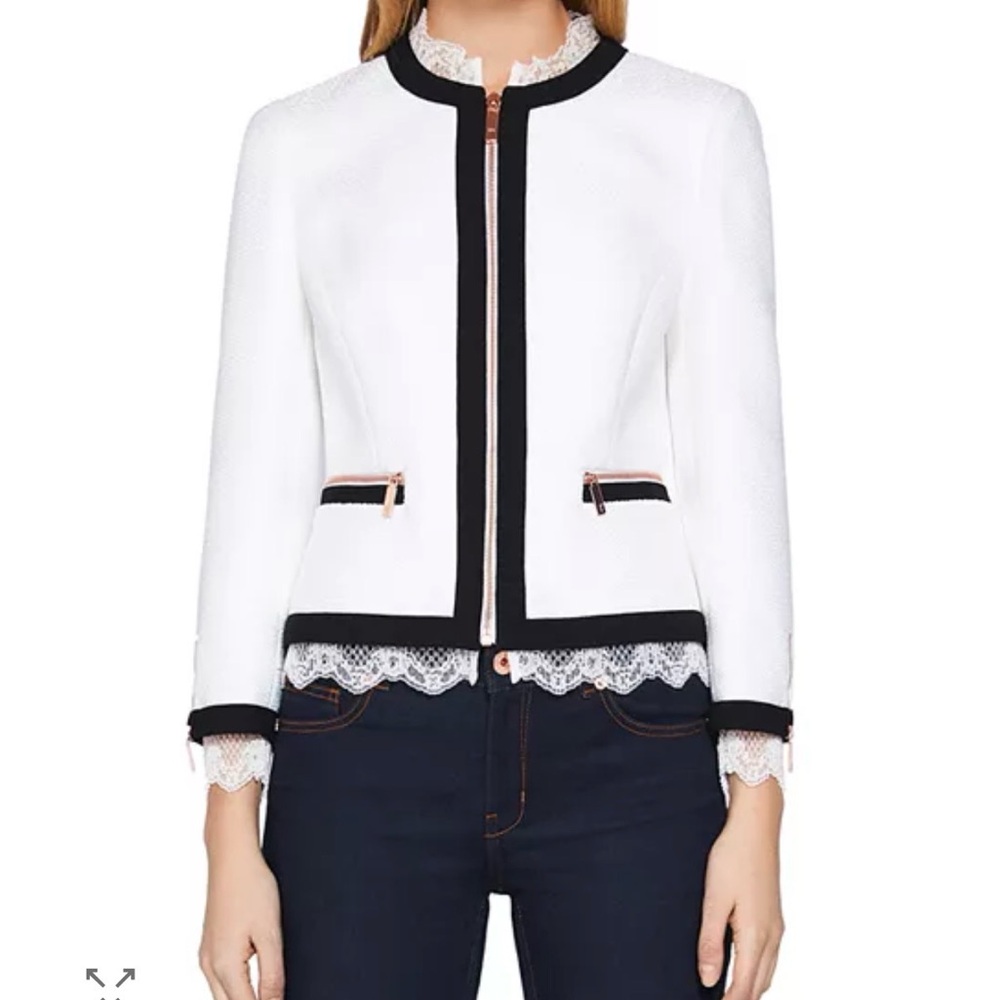 Ted Baker London White Textured Jacket with Black Trim and Rose Gold Zips